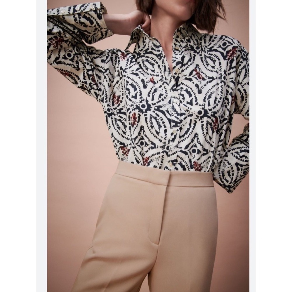 ZARA ZW COLLECTION PRINTED Button Up SHIRT BLACK / WHITE Red Embroidery SZ XL